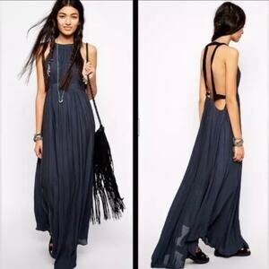 Free People Charcoal Gray Caught In The Moment Open Back Goddess Maxi Dress Sz.8